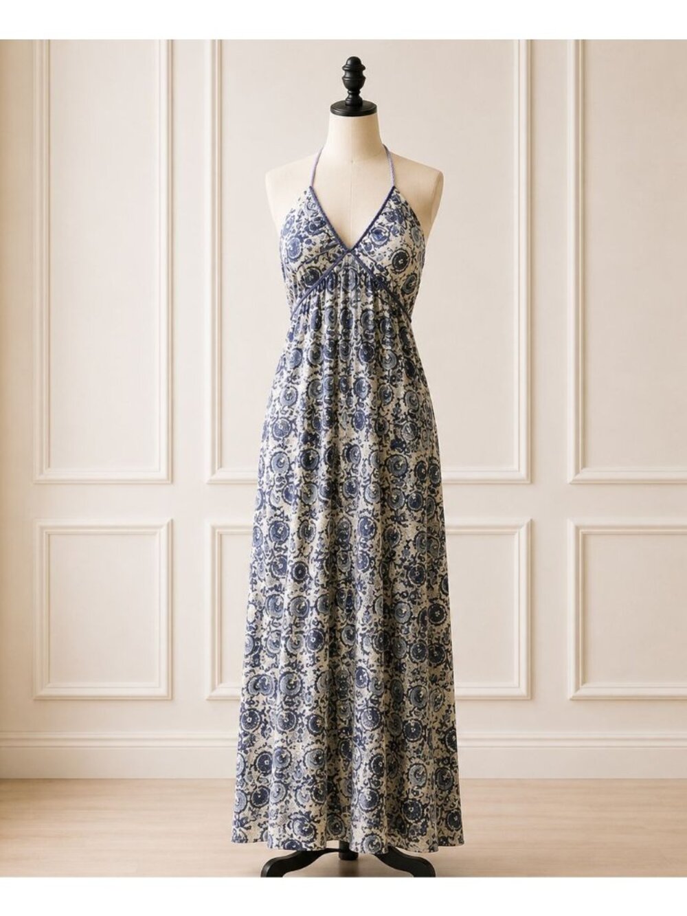Blue Floral Medallion Halter Maxi Dress Boho Beach Resort Lightweight Medium